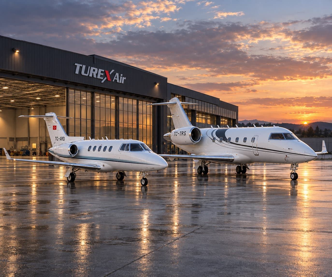 Turex Air TC-ARD Hawker 800XP and TC-TRS Challenger 604 private jets side by side in front of the hangar