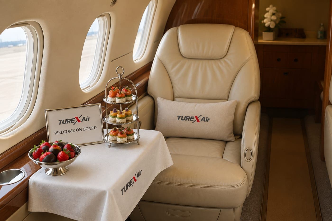 Turex Air welcome on board catering set on the table by the window
