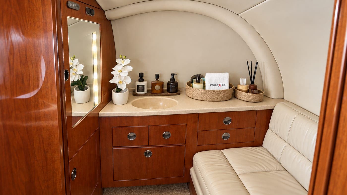 Orchids and personal care amenities in the Hawker 800XP lavatory