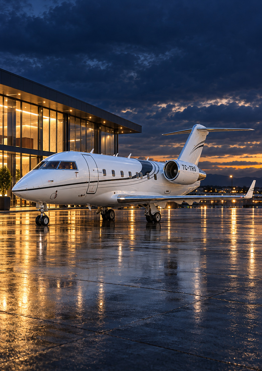 Turex Air Challenger 604 TC-TRS on the apron at sunset with its airstair door open
