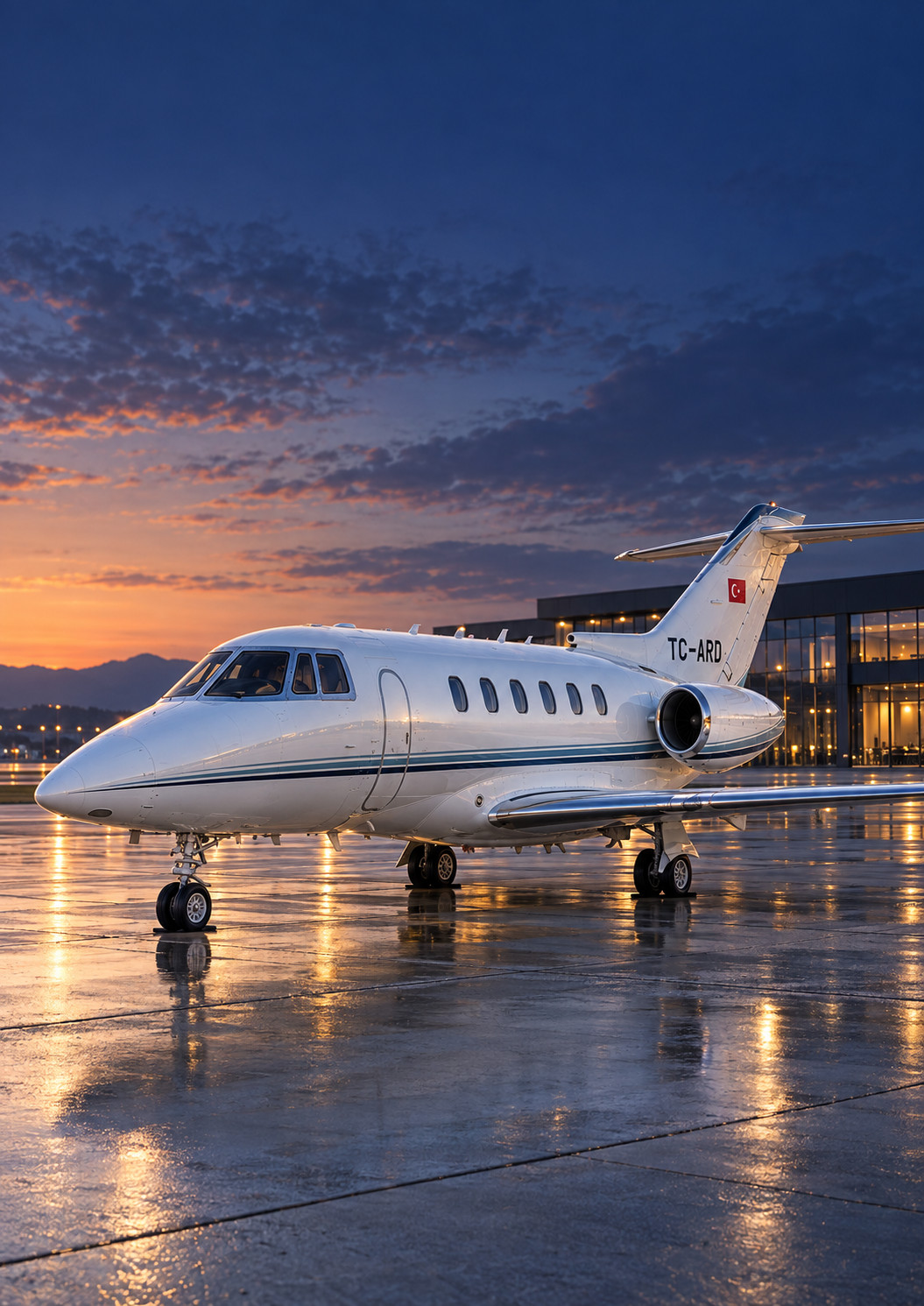 Turex Air Hawker 800XP TC-ARD on the wet apron in front of the terminal at sunset