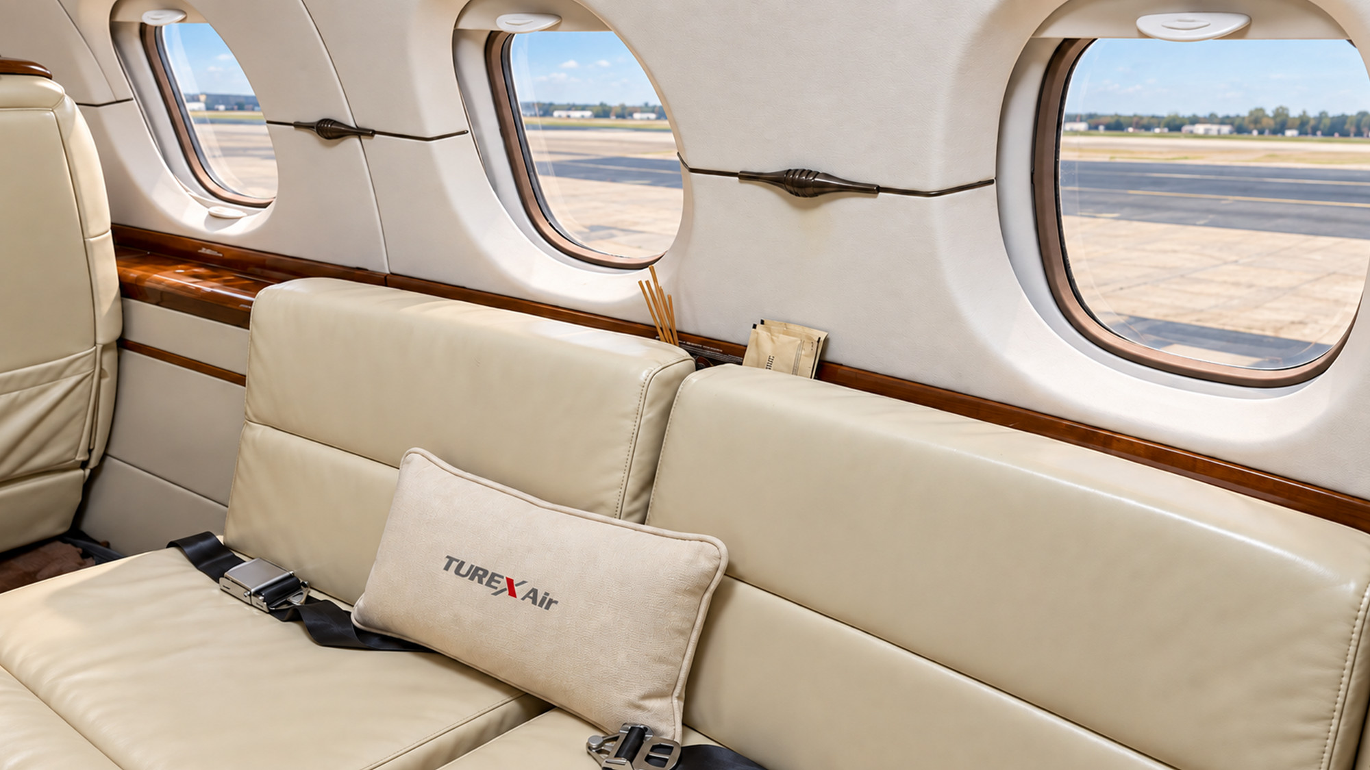 Leather divan by the window with a Turex Air embroidered cushion