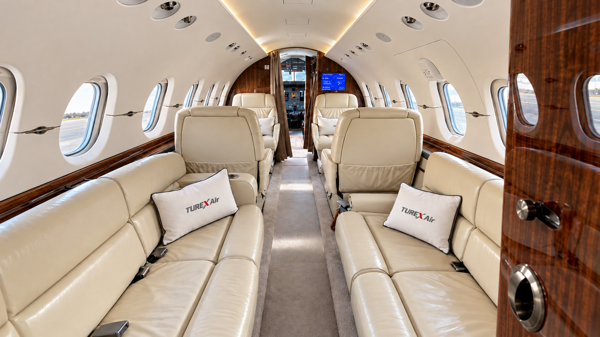 Facing seats and Turex Air cushions in the Hawker 800XP cabin