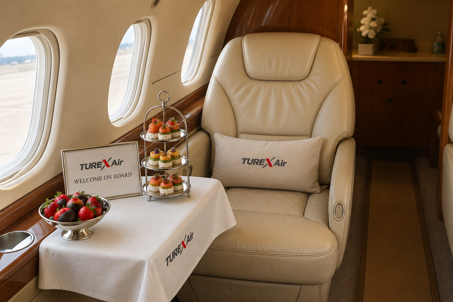 Turex Air welcome setup in a private jet cabin: welcome on board sign and refreshments