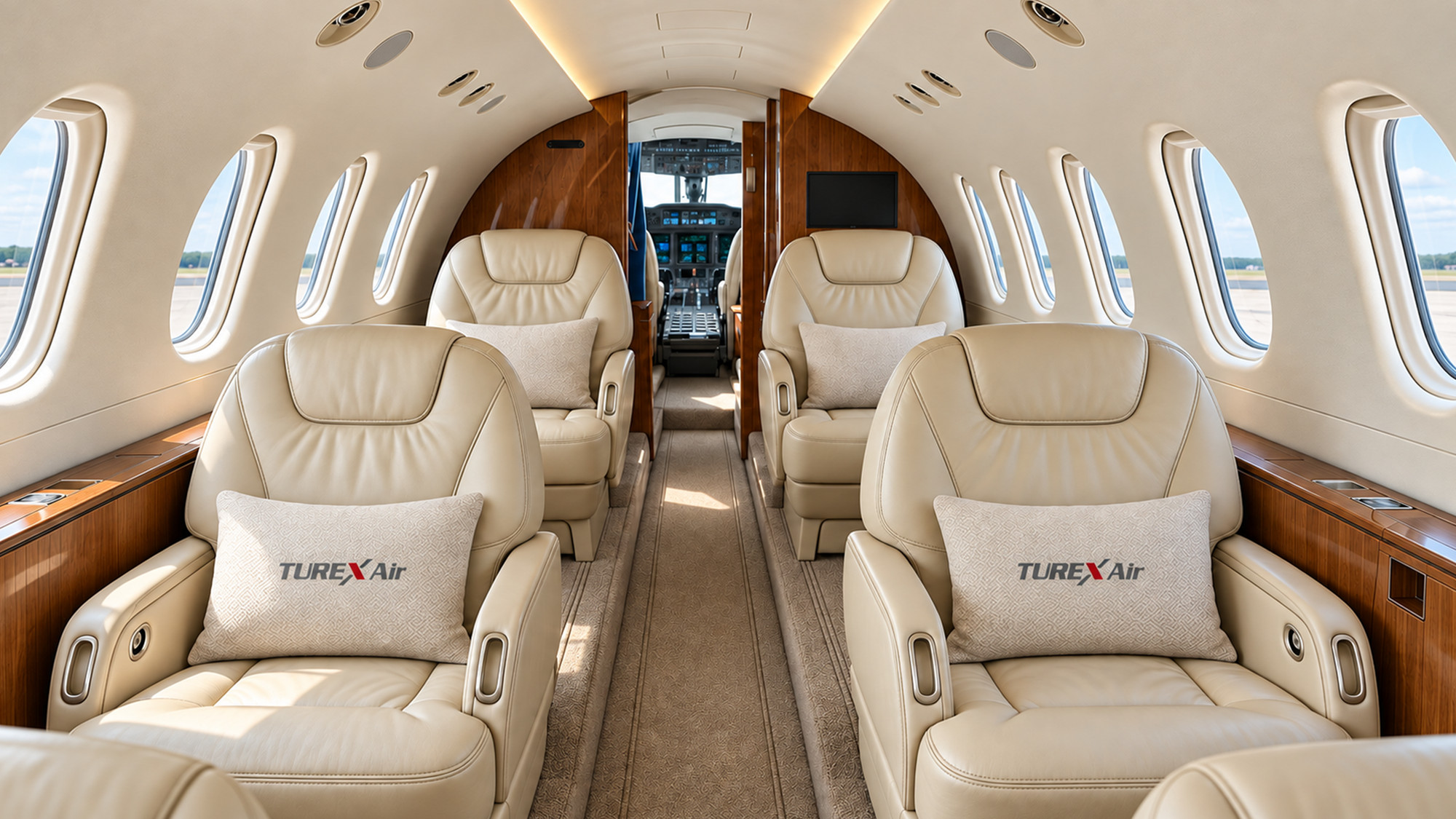 Club-style leather seating in the Hawker 800XP cabin, looking forward to the cockpit