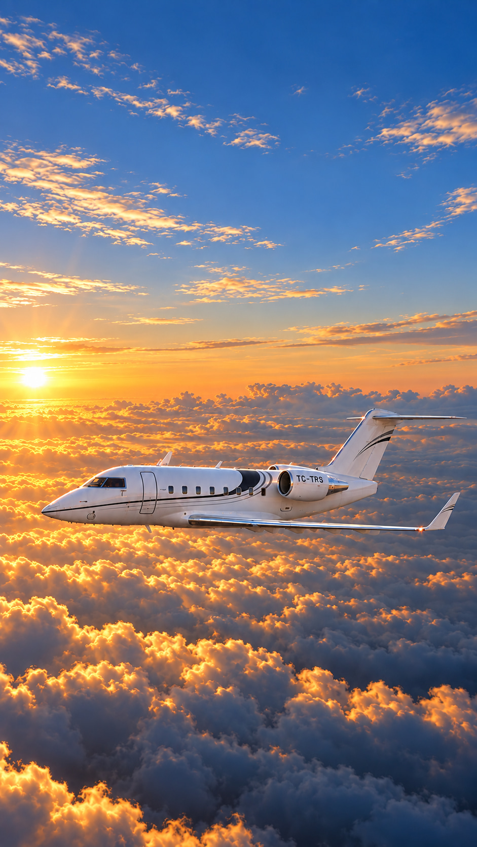 Turex Air Challenger 604 private jet (TC-TRS) flying above the clouds at sunset